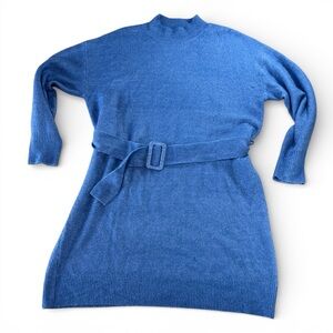 Stitchdrop XS Blue Belted Sweater Dress Mock Neck Knit